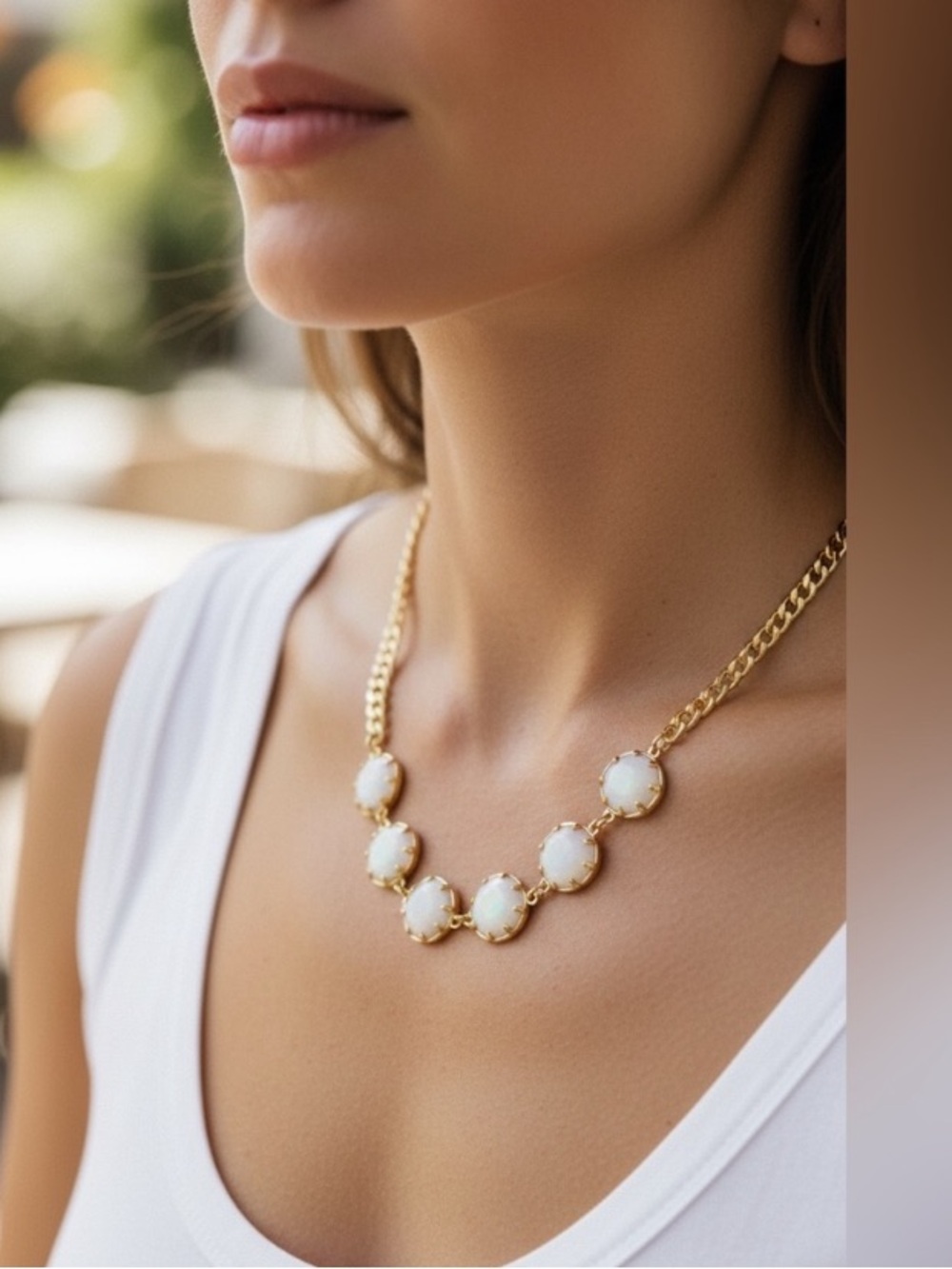 Gold Chain Necklace with White Stone Accents - Women Jewelry